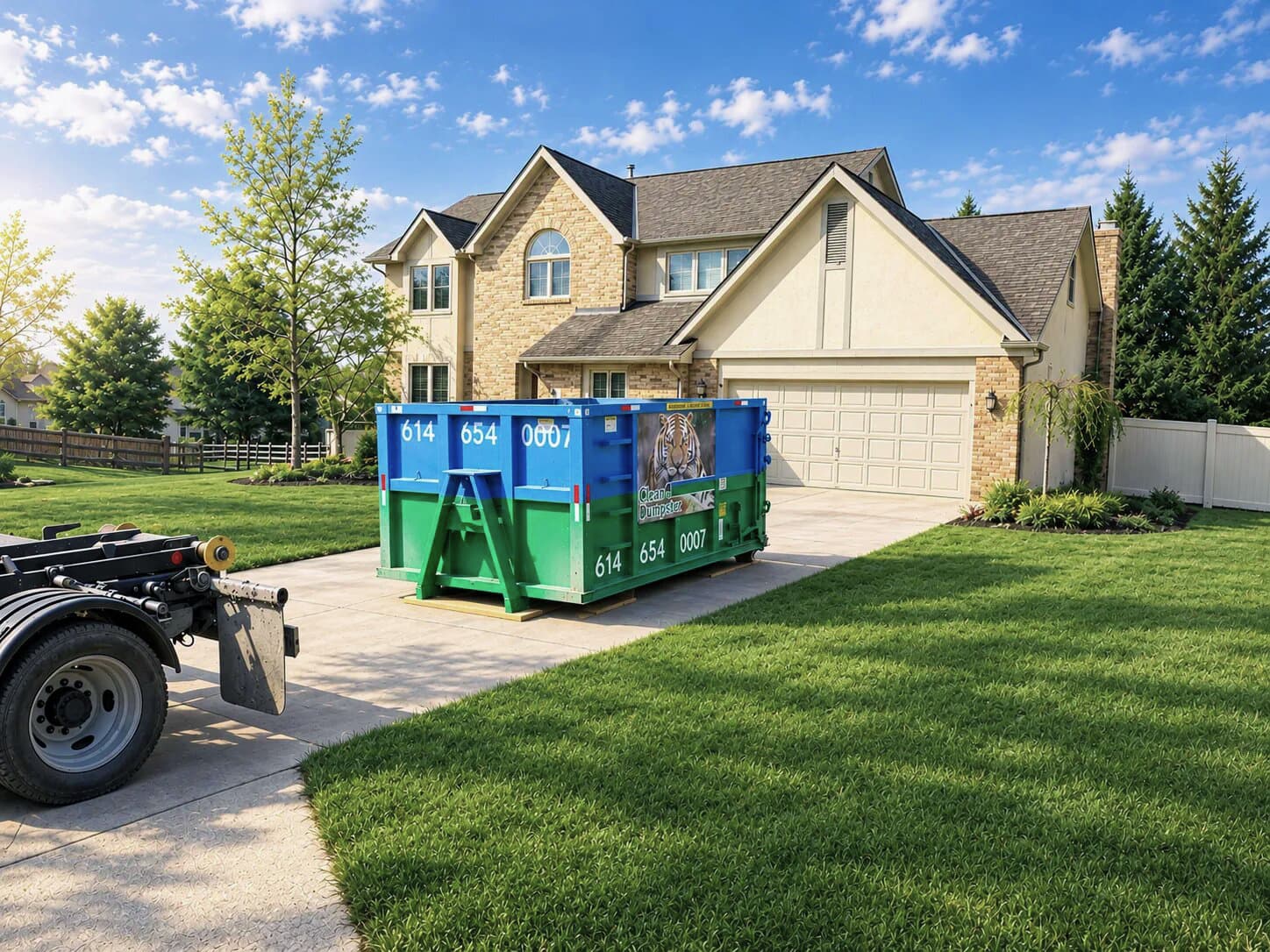 CleanE Dumpster container on a concrete driveway, resting on wooden boards