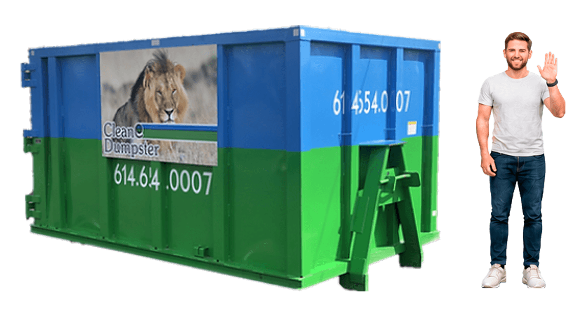 20 yard dumpster next to a person for scale